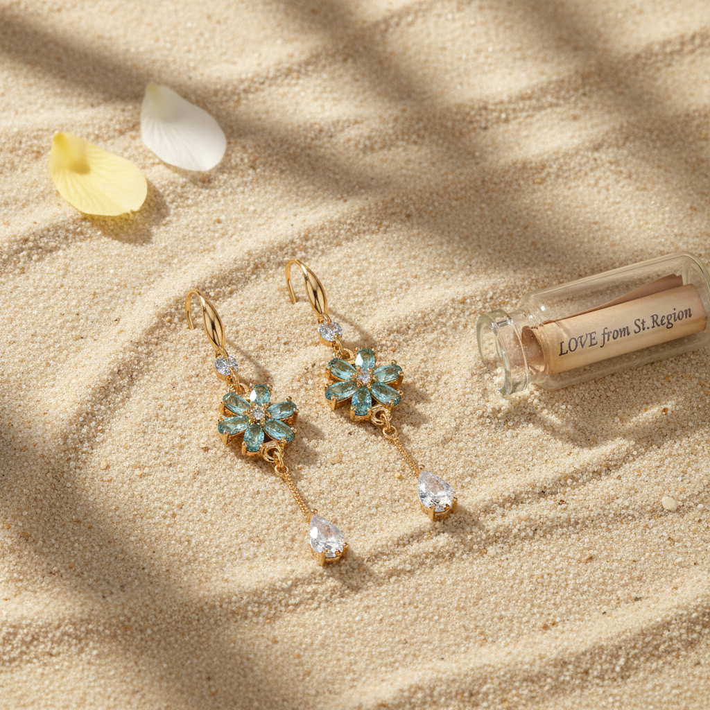 Sea Blue Crystal & Cubic Zirconia Goldtone Flower Drop Hook Earrings