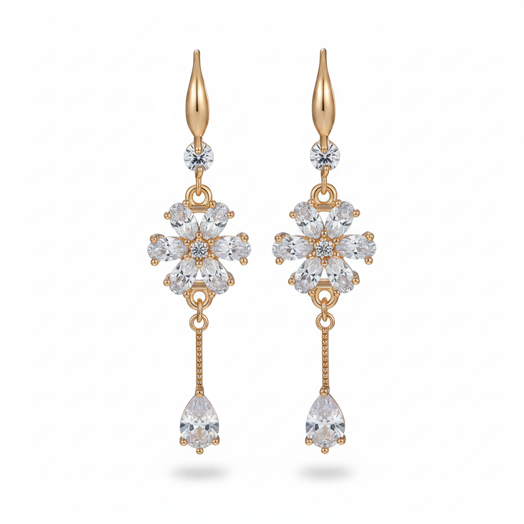 White Crystal & Cubic Zirconia Goldtone Flower Drop Hook Earrings