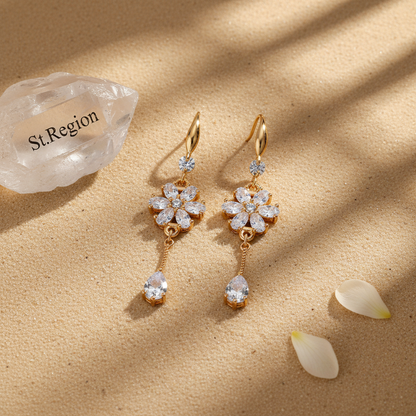 White Crystal & Cubic Zirconia Goldtone Flower Drop Hook Earrings
