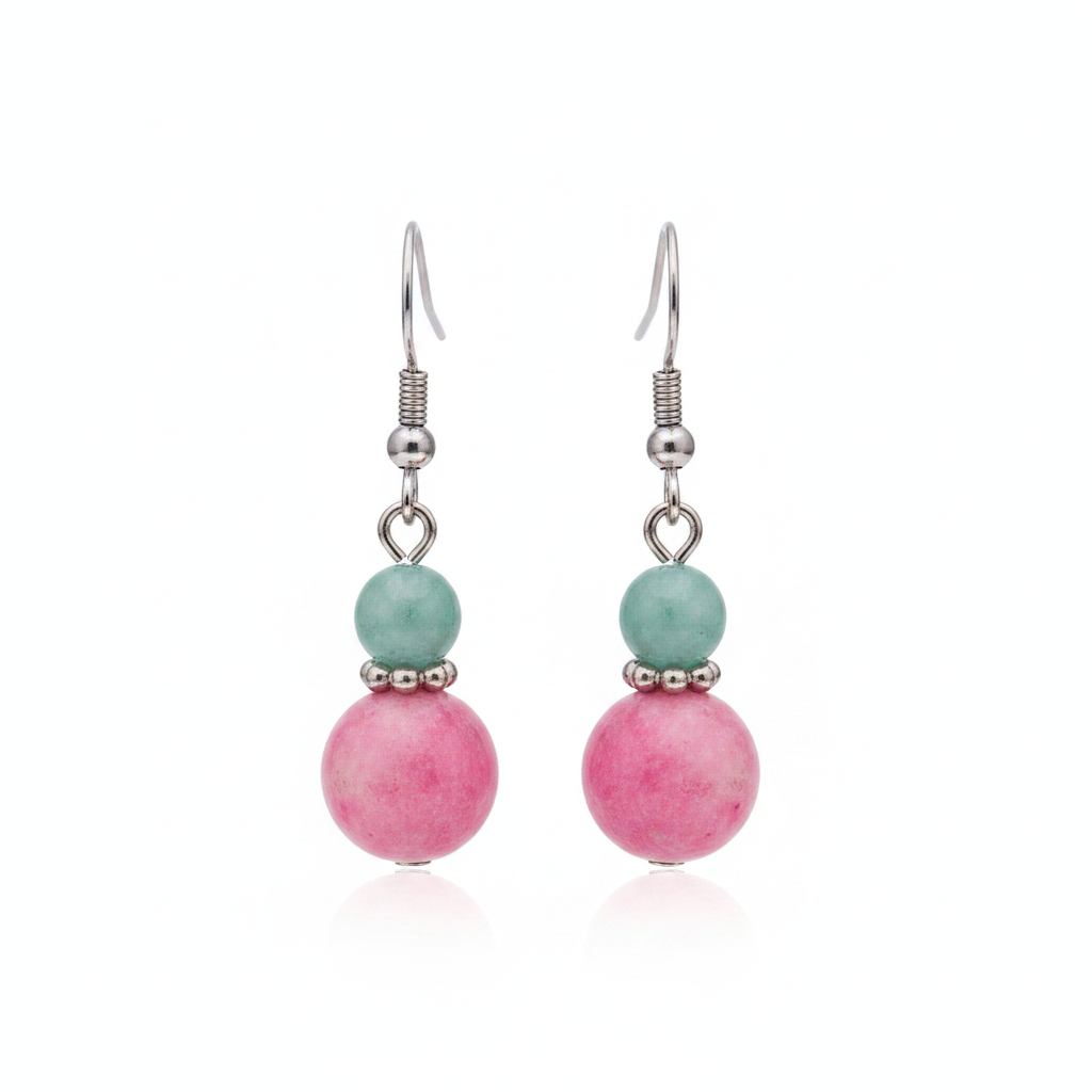 Pink Jade & Silvertone ‌Gourd-Shape Hook Earrings