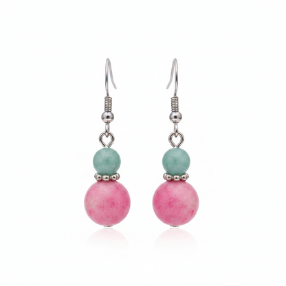 Pink Jade & Silvertone ‌Gourd-Shape Hook Earrings