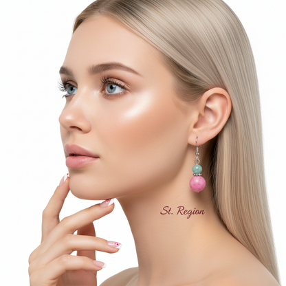 Pink Jade & Silvertone ‌Gourd-Shape Hook Earrings