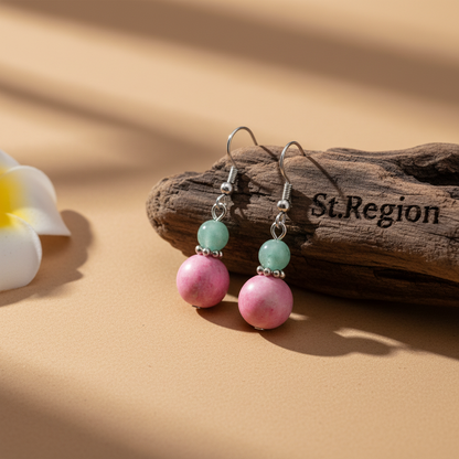 Pink Jade & Silvertone ‌Gourd-Shape Hook Earrings