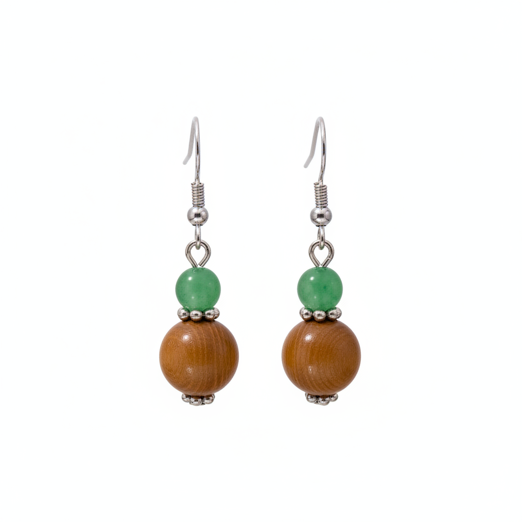 Green Jade & Brown Wood Silvertone ‌Gourd-Shape Hook Earrings