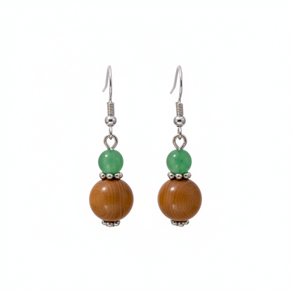 Green Jade & Brown Wood Silvertone ‌Gourd-Shape Hook Earrings