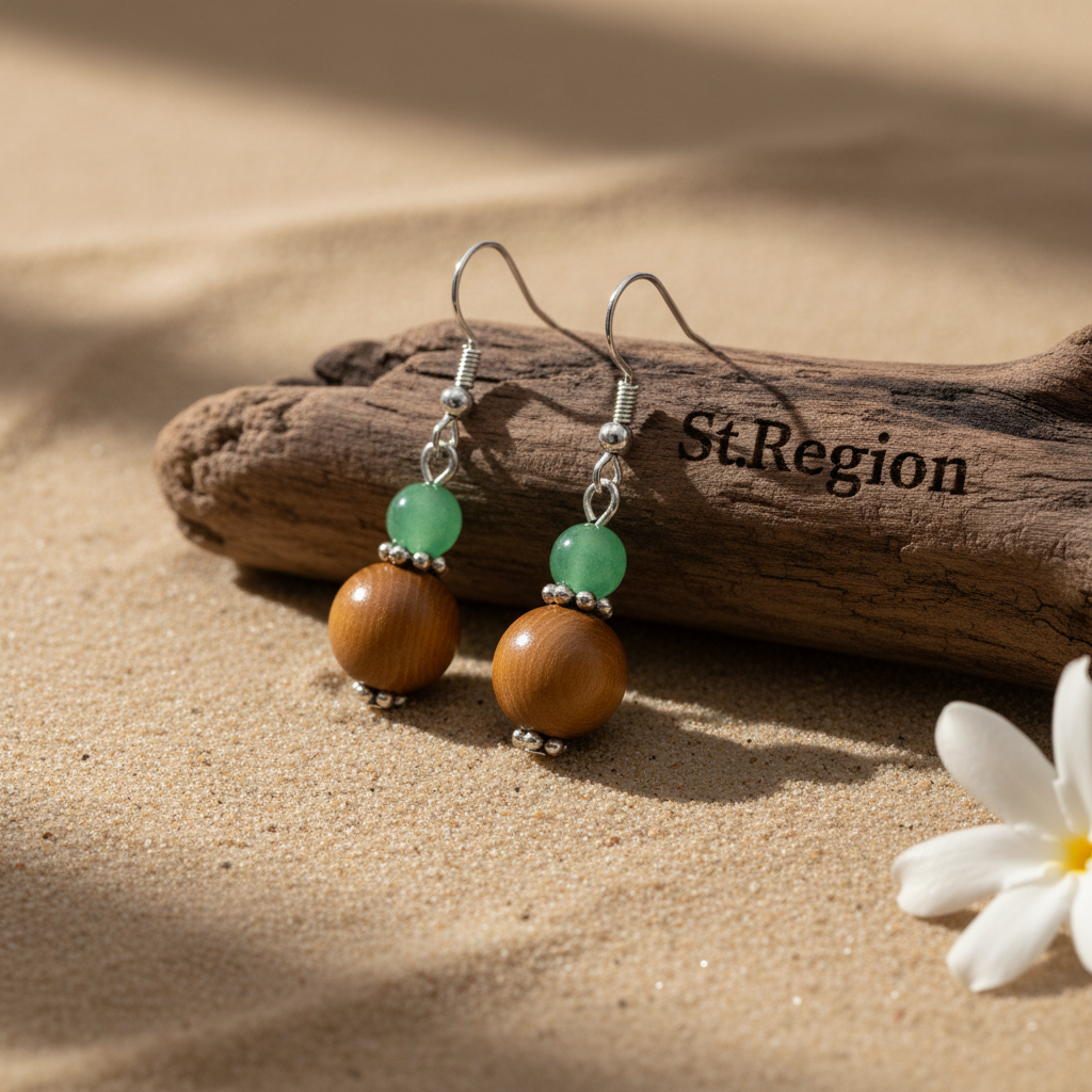 Green Jade & Brown Wood Silvertone ‌Gourd-Shape Hook Earrings