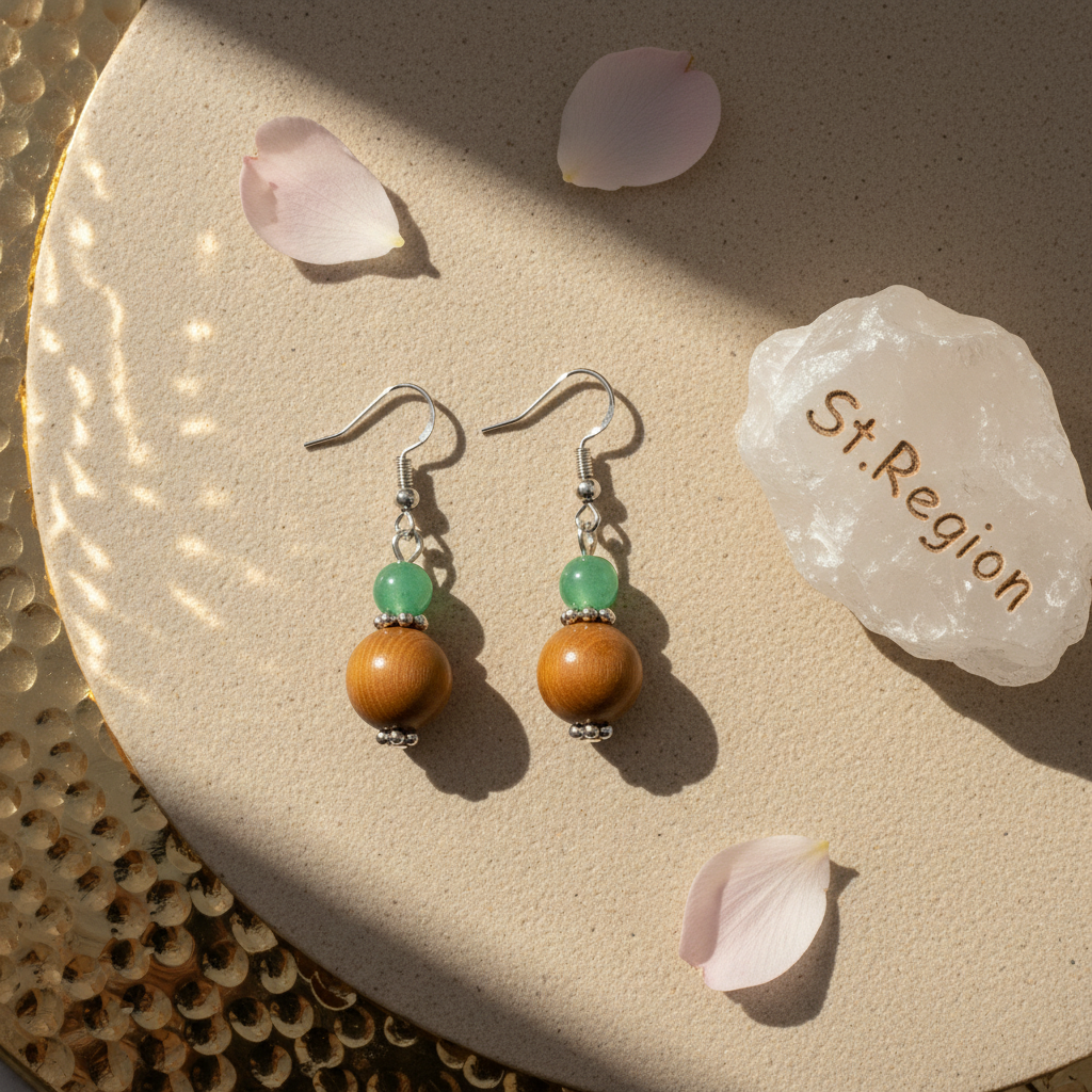 Green Jade & Brown Wood Silvertone ‌Gourd-Shape Hook Earrings