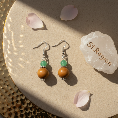 Green Jade & Brown Wood Silvertone ‌Gourd-Shape Hook Earrings