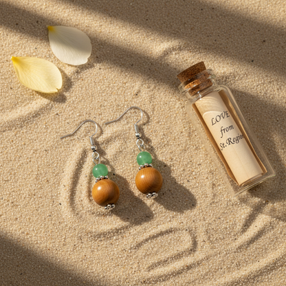 Green Jade & Brown Wood Silvertone ‌Gourd-Shape Hook Earrings