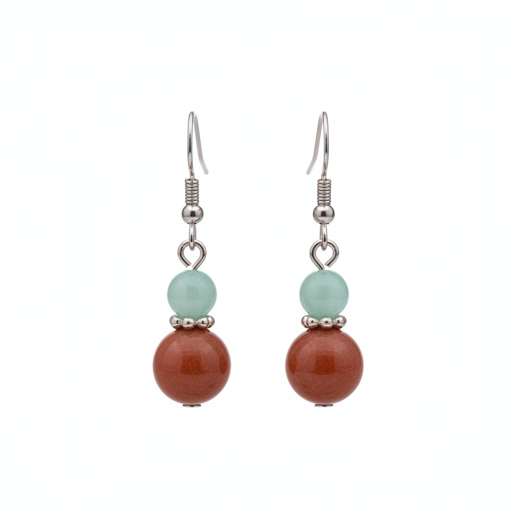 Pink & Brown Jade Silvertone ‌Gourd-Shape Hook Earrings