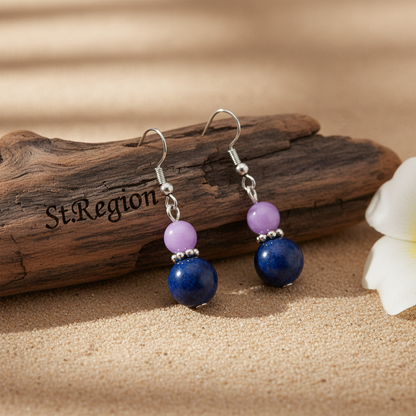 Purple & Cyan Jade Silvertone ‌Gourd-Shape Hook Earrings