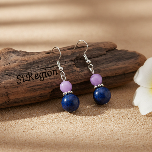 Purple & Cyan Jade Silvertone ‌Gourd-Shape Hook Earrings
