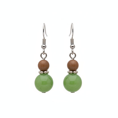 Green Wood & Jade Silvertone ‌Gourd-Shape Hook Earrings
