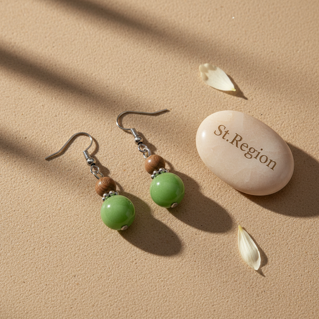 Green Wood & Jade Silvertone ‌Gourd-Shape Hook Earrings