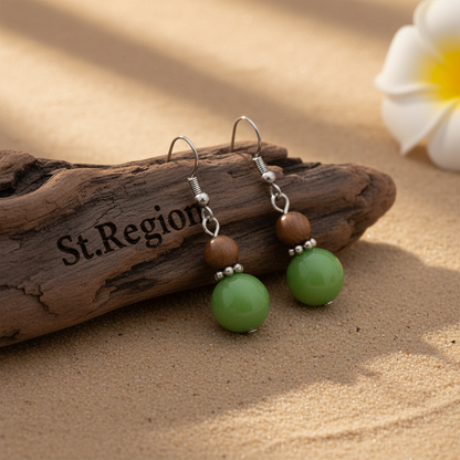 Green Wood & Jade Silvertone ‌Gourd-Shape Hook Earrings
