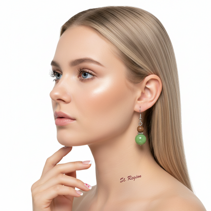 Green Wood & Jade Silvertone ‌Gourd-Shape Hook Earrings