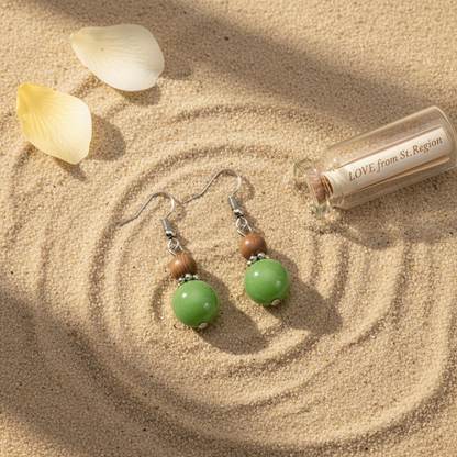 Green Wood & Jade Silvertone ‌Gourd-Shape Hook Earrings