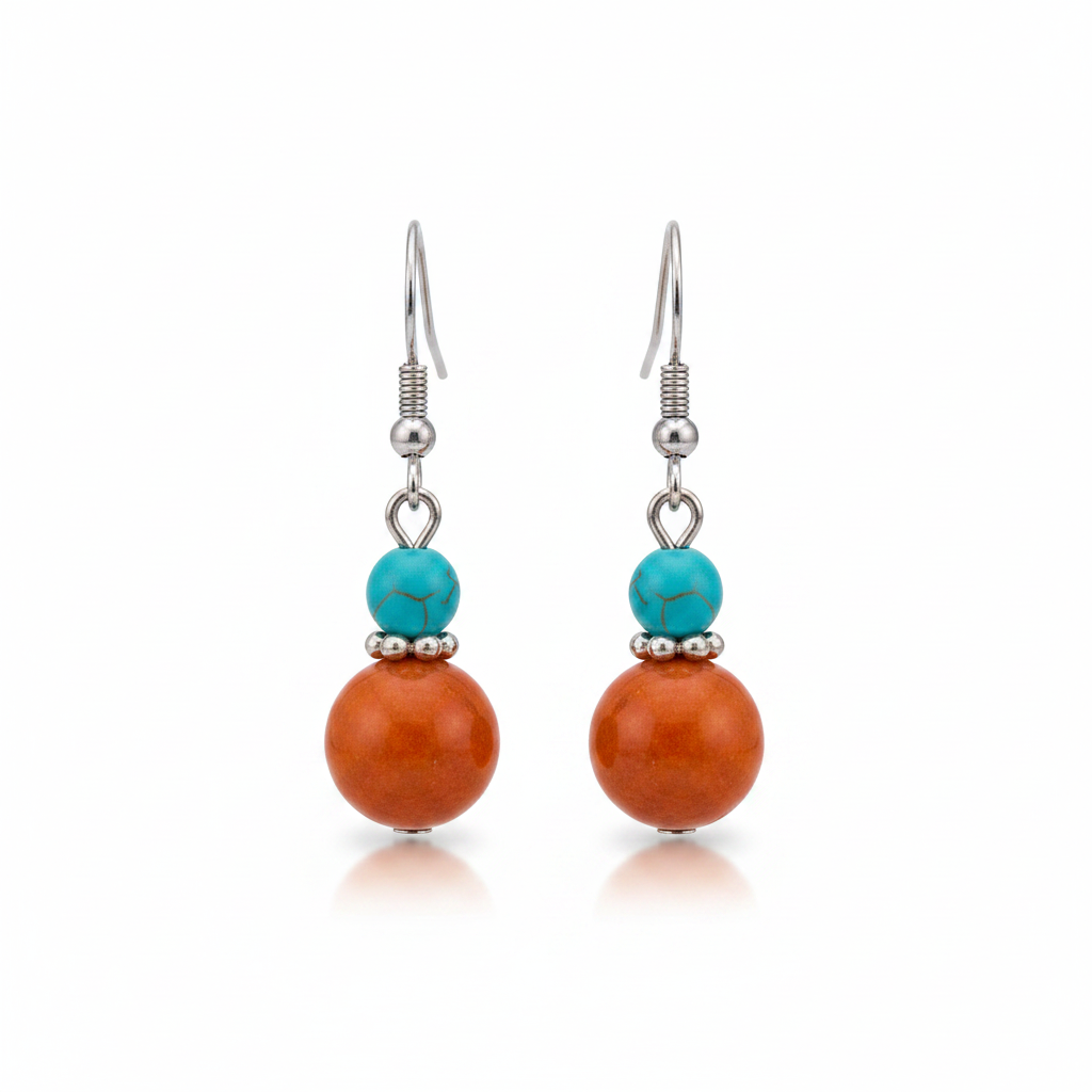 Brown Jade & Turqouise Silvertone ‌Gourd-Shape Hook Earrings