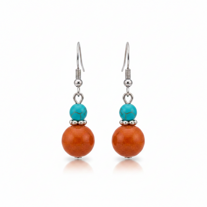Brown Jade & Turqouise Silvertone ‌Gourd-Shape Hook Earrings