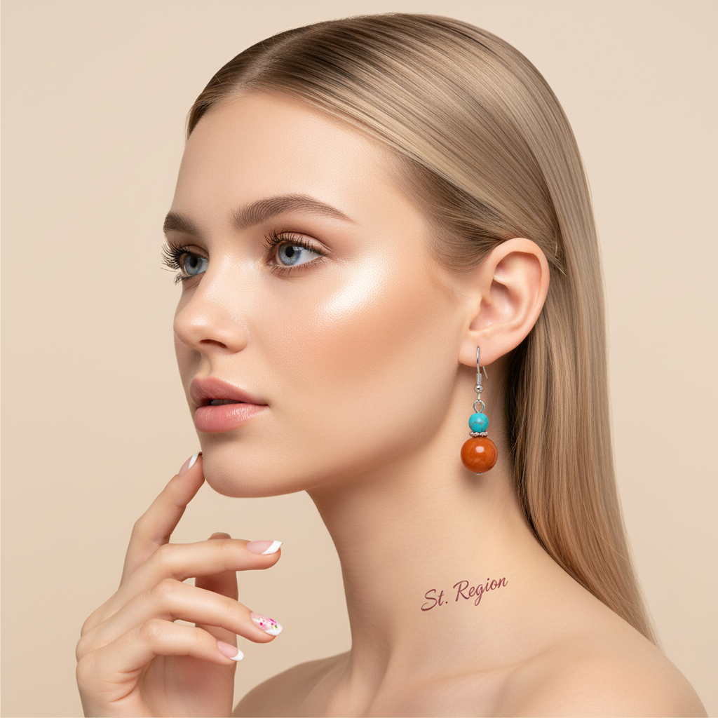 Brown Jade & Turqouise Silvertone ‌Gourd-Shape Hook Earrings