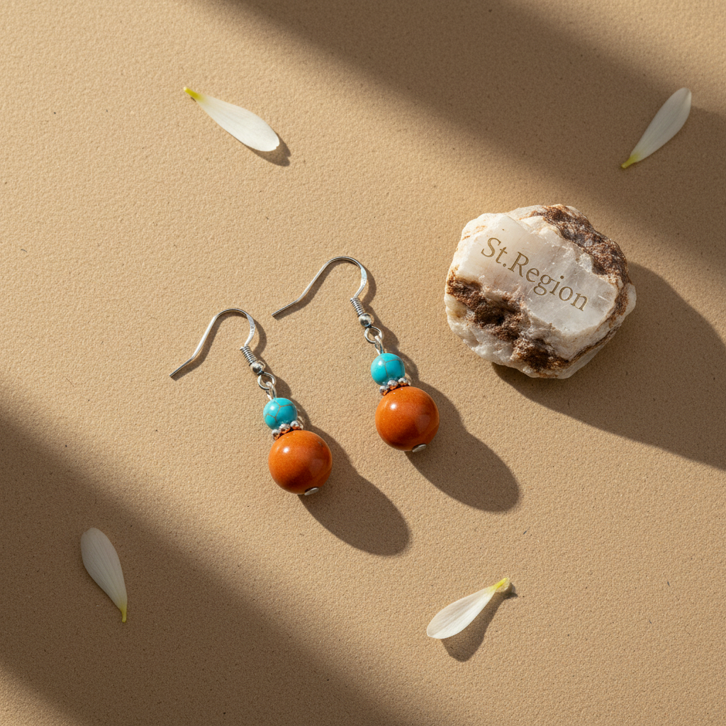 Brown Jade & Turqouise Silvertone ‌Gourd-Shape Hook Earrings