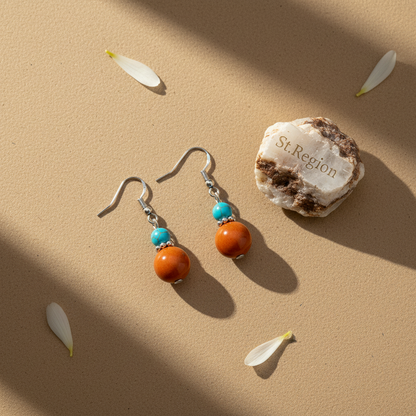 Brown Jade & Turqouise Silvertone ‌Gourd-Shape Hook Earrings