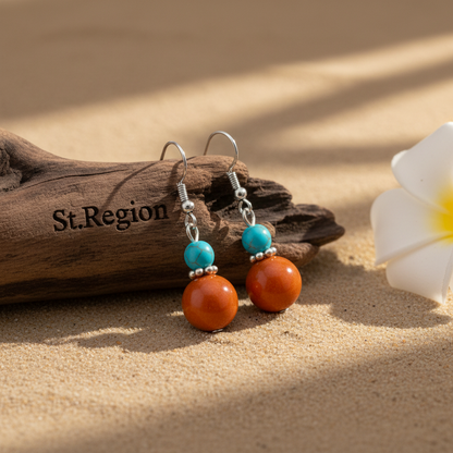 Brown Jade & Turqouise Silvertone ‌Gourd-Shape Hook Earrings