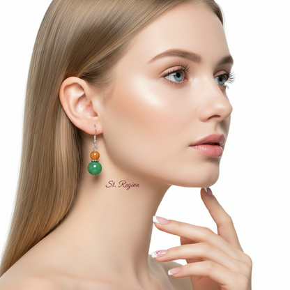 Orange & Green Jade Silvertone ‌Gourd-Shape Hook Earrings