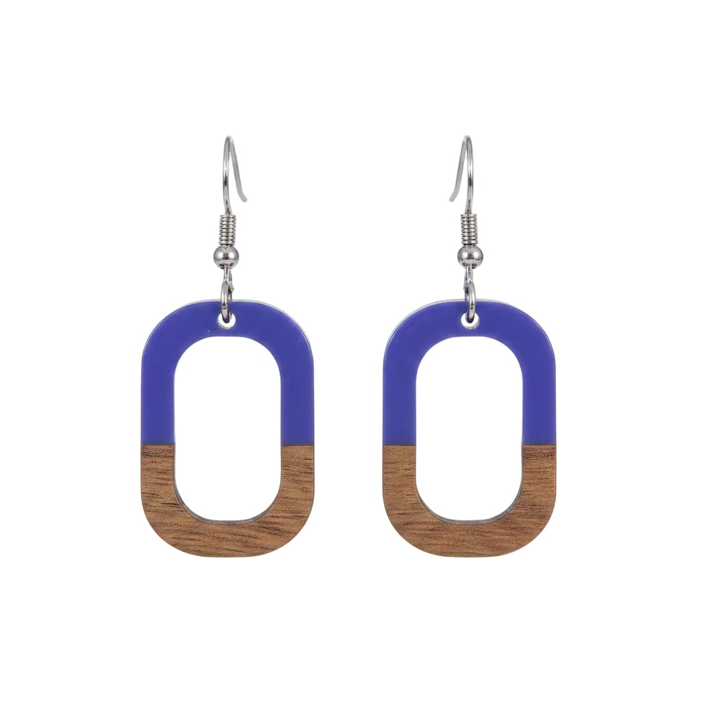 Purple Resin & Wood Silvertone Open Rectangle Hook Earrings