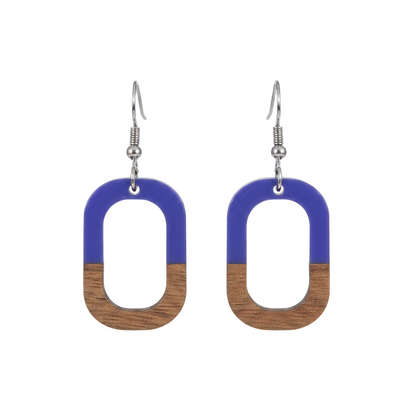 Purple Resin & Wood Silvertone Open Rectangle Hook Earrings