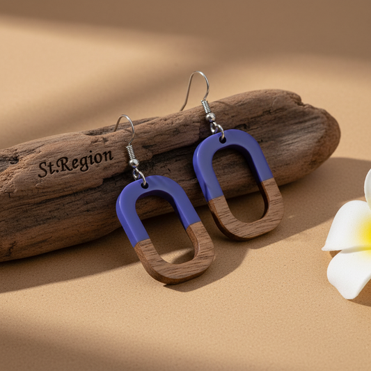 Purple Resin & Wood Silvertone Open Rectangle Hook Earrings