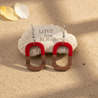 Red Resin & Wood Silvertone Open Rectangle Hook Earrings
