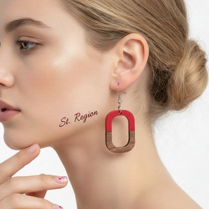 Red Resin & Wood Silvertone Open Rectangle Hook Earrings