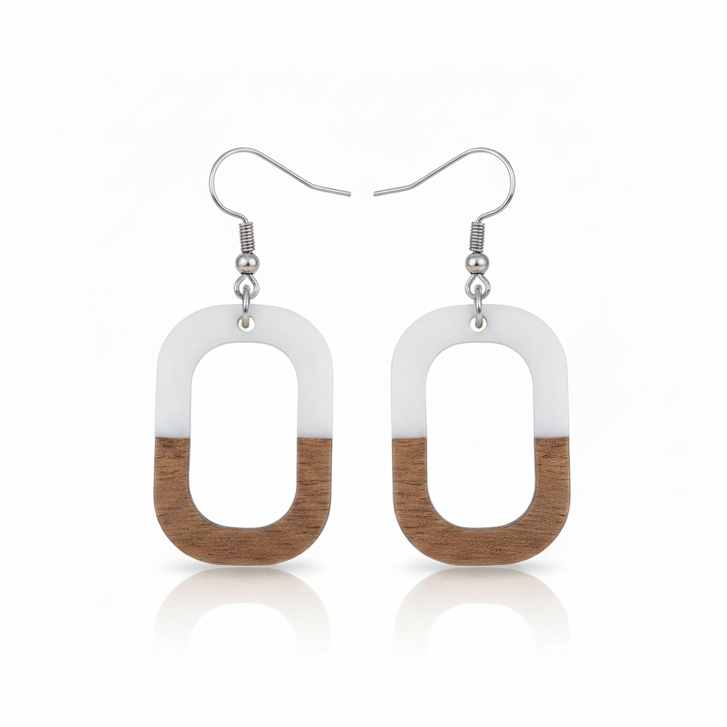 White Resin & Wood Silvertone Open Rectangle Hook Earrings