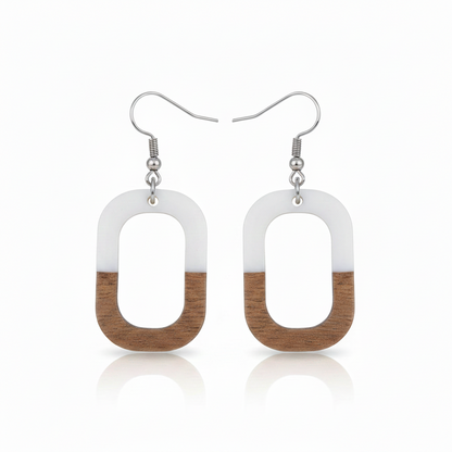 White Resin & Wood Silvertone Open Rectangle Hook Earrings
