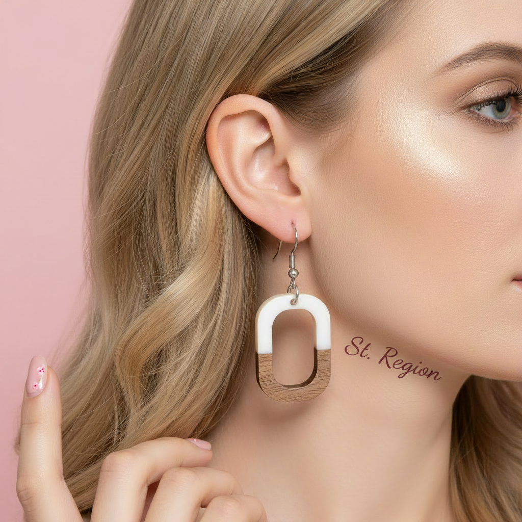 White Resin & Wood Silvertone Open Rectangle Hook Earrings