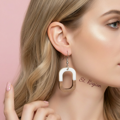 White Resin & Wood Silvertone Open Rectangle Hook Earrings