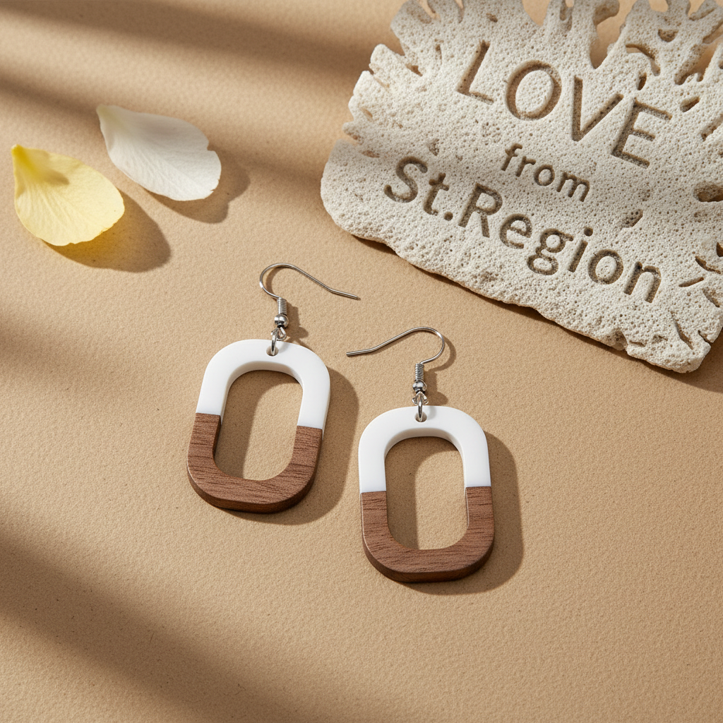 White Resin & Wood Silvertone Open Rectangle Hook Earrings