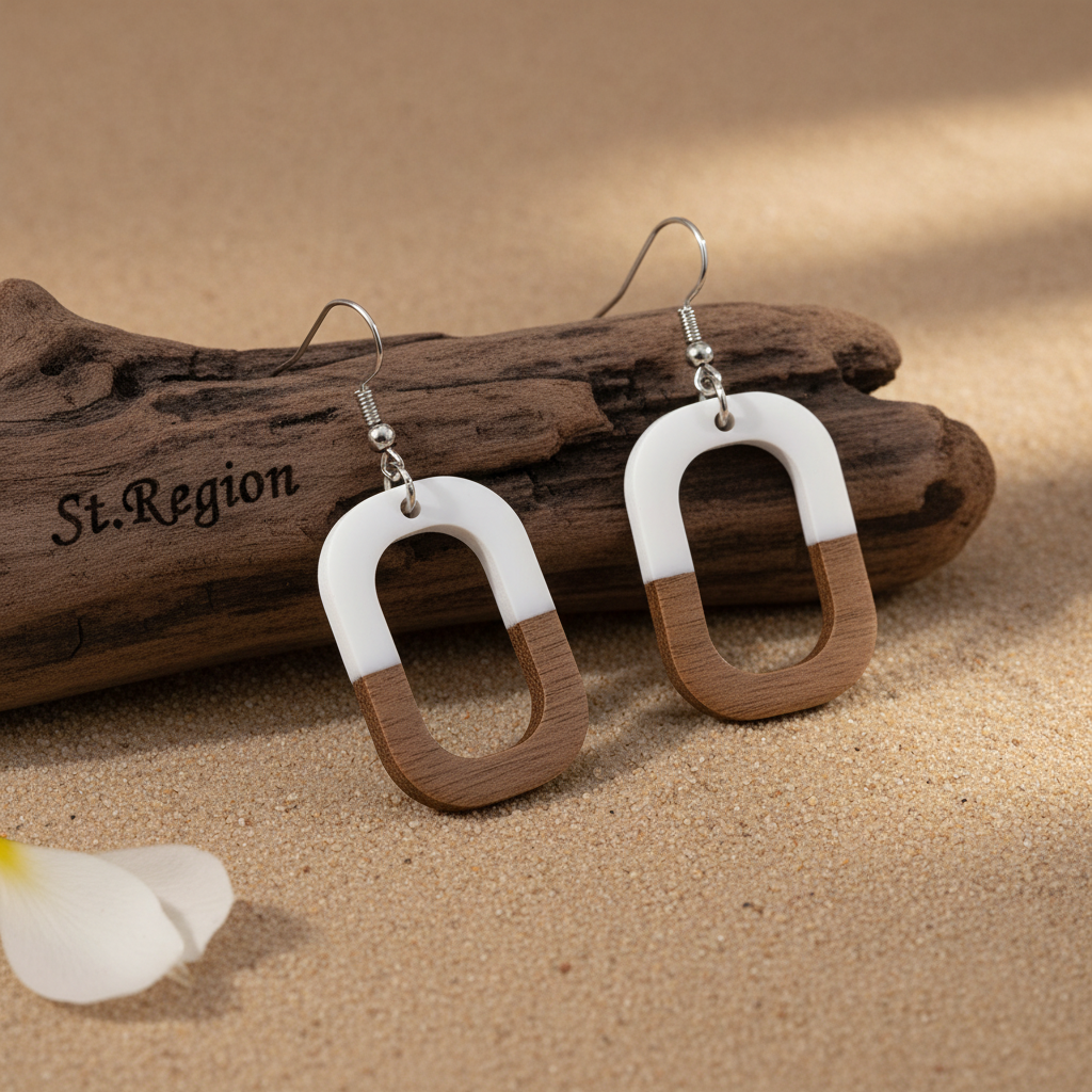 White Resin & Wood Silvertone Open Rectangle Hook Earrings