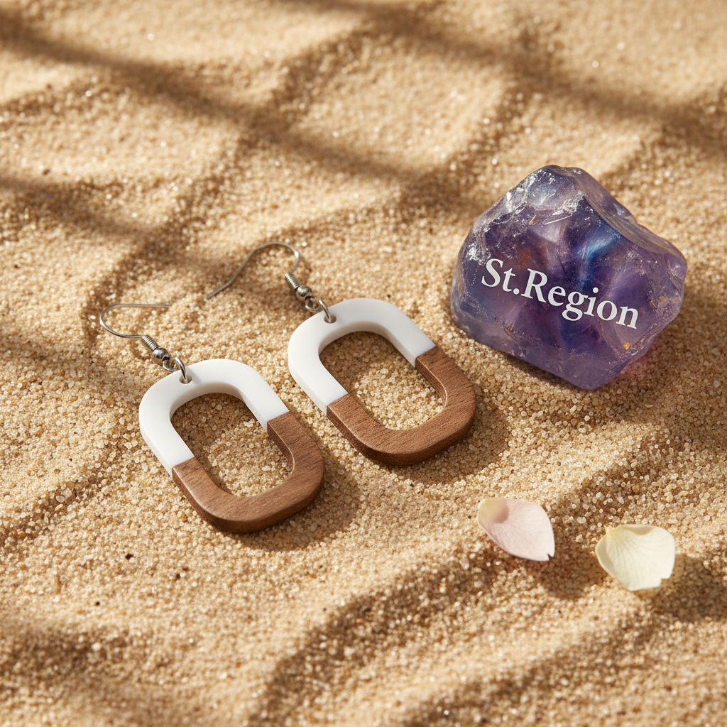 White Resin & Wood Silvertone Open Rectangle Hook Earrings