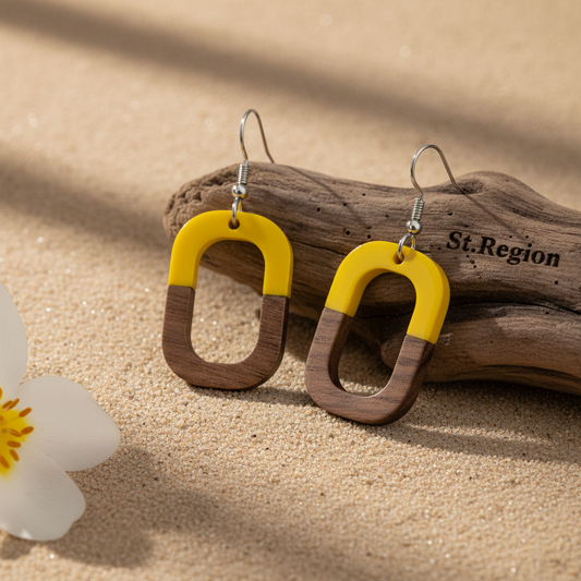 Yellow Resin & Wood Silvertone Open Rectangle Hook Earrings