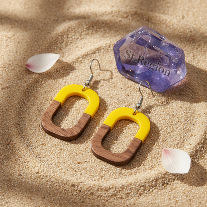 Yellow Resin & Wood Silvertone Open Rectangle Hook Earrings
