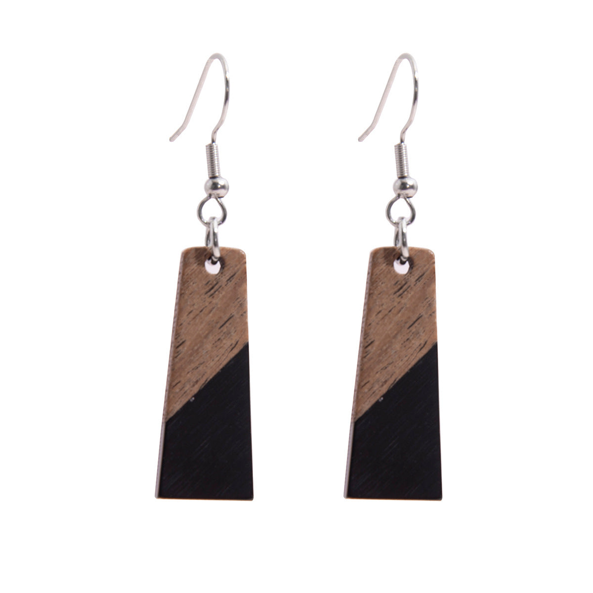 Black Resin & Wood Silvertone Patchwork Trapezoid? Hook Earrings