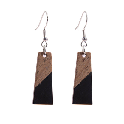 Black Resin & Wood Silvertone Patchwork Trapezoid? Hook Earrings