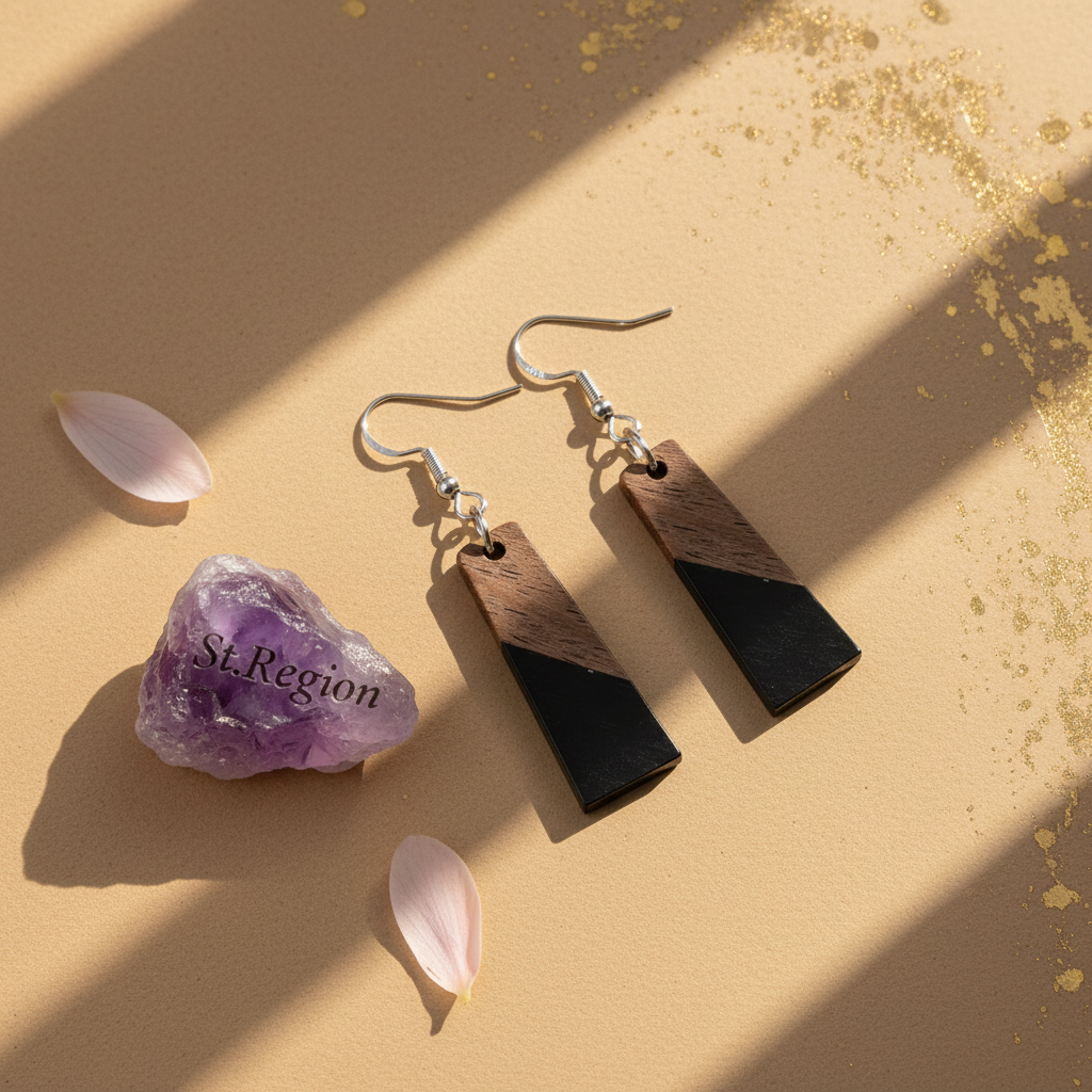Black Resin & Wood Silvertone Patchwork Trapezoid? Hook Earrings
