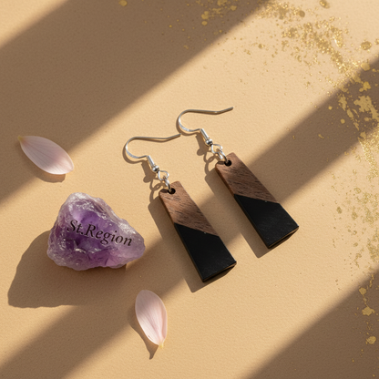 Black Resin & Wood Silvertone Patchwork Trapezoid? Hook Earrings