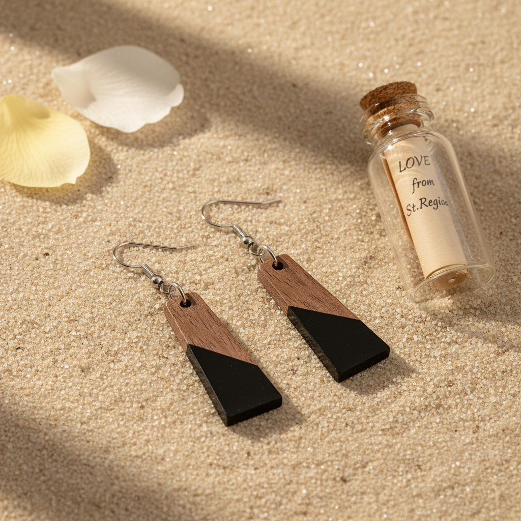Black Resin & Wood Silvertone Patchwork Trapezoid? Hook Earrings
