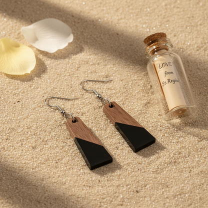 Black Resin & Wood Silvertone Patchwork Trapezoid? Hook Earrings
