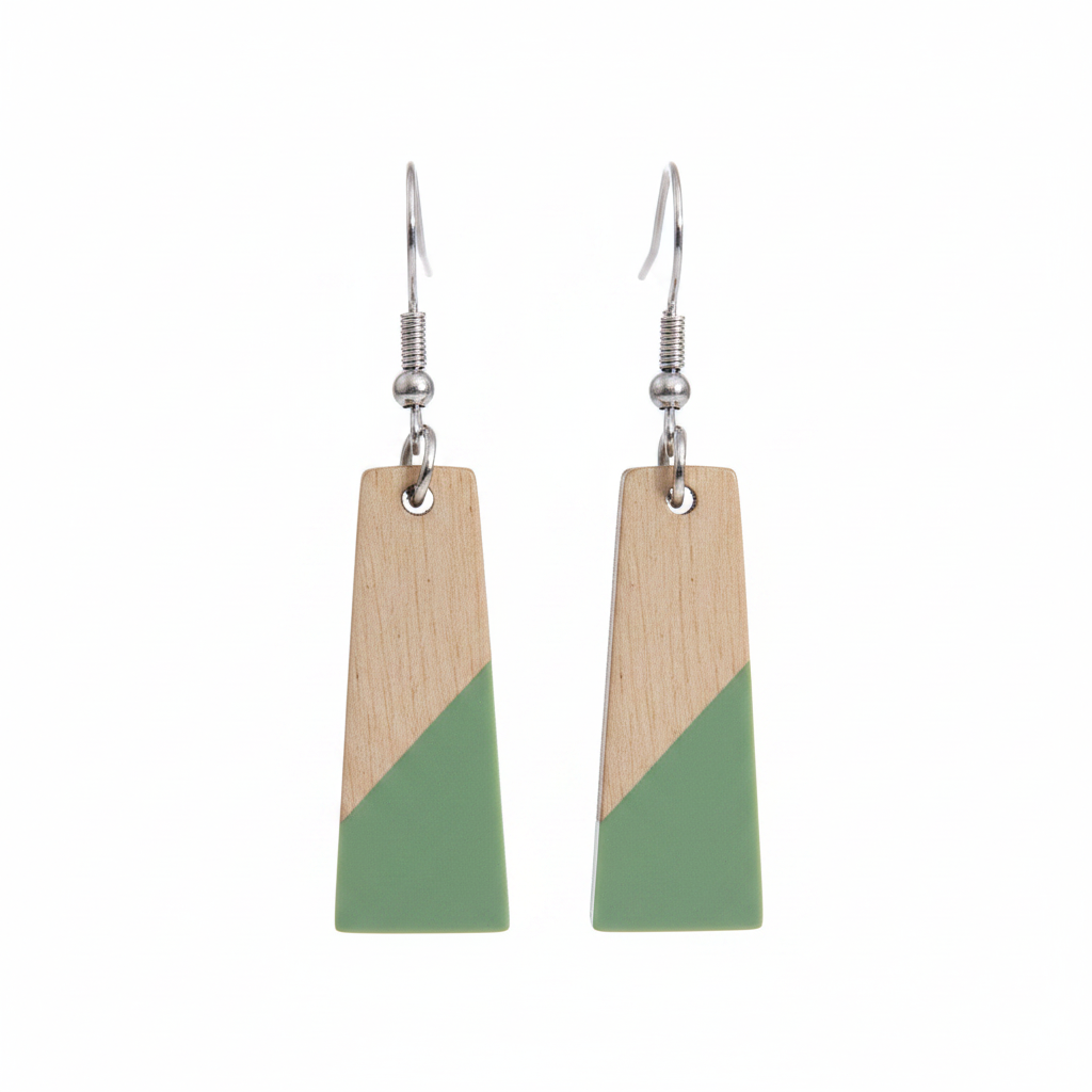 Green Resin & Wood Silvertone Patchwork Trapezoid? Hook Earrings