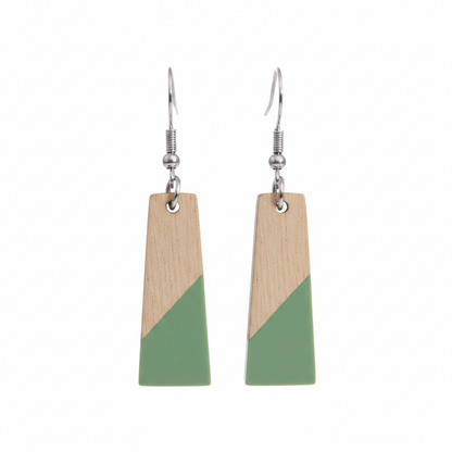 Green Resin & Wood Silvertone Patchwork Trapezoid? Hook Earrings
